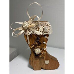 Vintage Wooden Boot Decor With Lace & Ribbon Accents